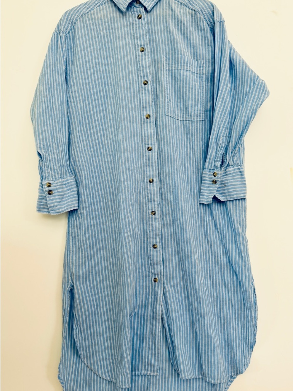 H&M Light Blue & White Striped Linen Blend Midi Shirt Dress